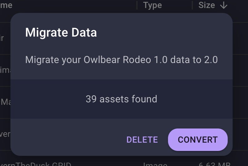 Owlbear Rodeo 1.0 migration dialog